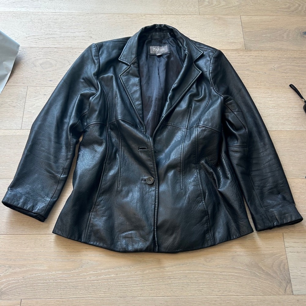 Wilsons Leather Black Two Button Blazer Jacket Womens XL Genuine Leather 0660